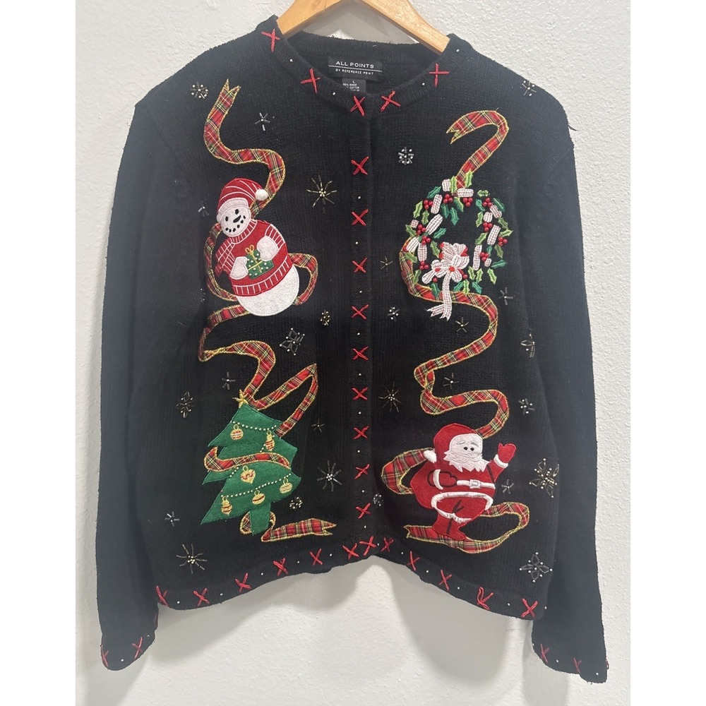 All‎ Points Vintage Y2K Christmas Embroidered Appliqué Snap Up Sweater Size L